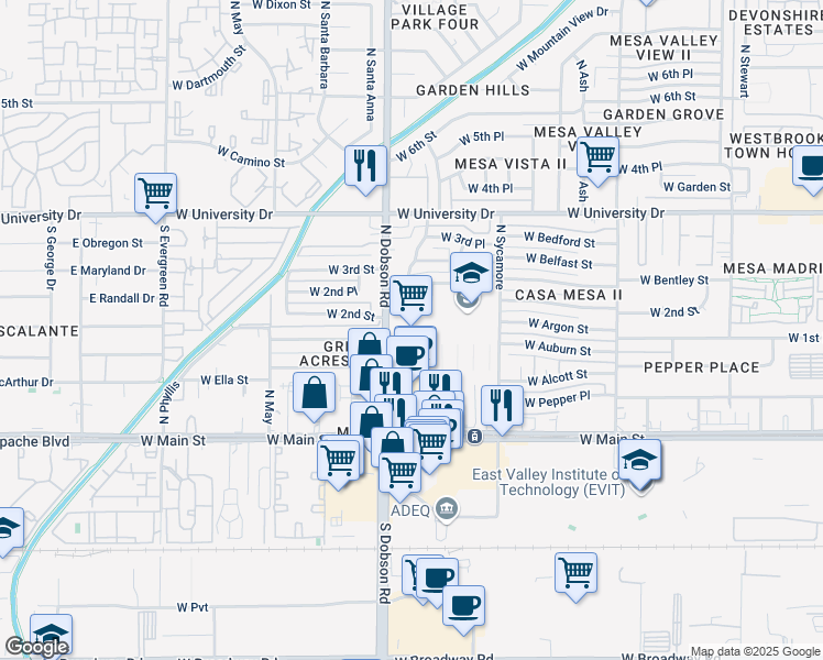 map of restaurants, bars, coffee shops, grocery stores, and more near 1931 West 2nd Street in Mesa