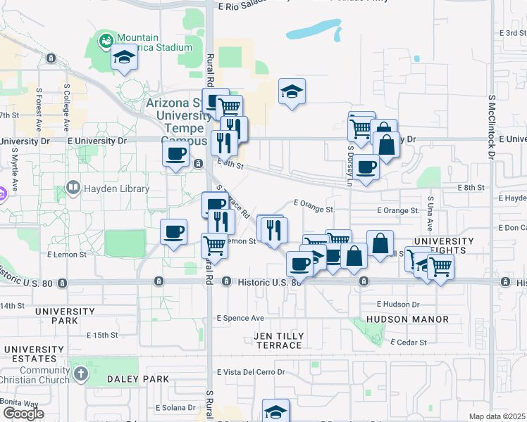map of restaurants, bars, coffee shops, grocery stores, and more near 1028 East Orange Street in Tempe