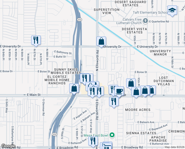 map of restaurants, bars, coffee shops, grocery stores, and more near 145 North Sierra Heights in Mesa