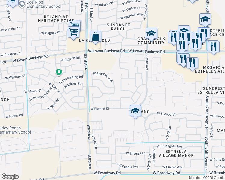map of restaurants, bars, coffee shops, grocery stores, and more near 3328 South 81st Drive in Phoenix