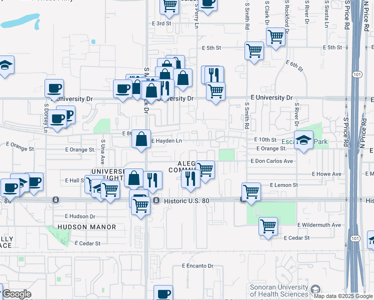 map of restaurants, bars, coffee shops, grocery stores, and more near 907 South Craver Place in Tempe