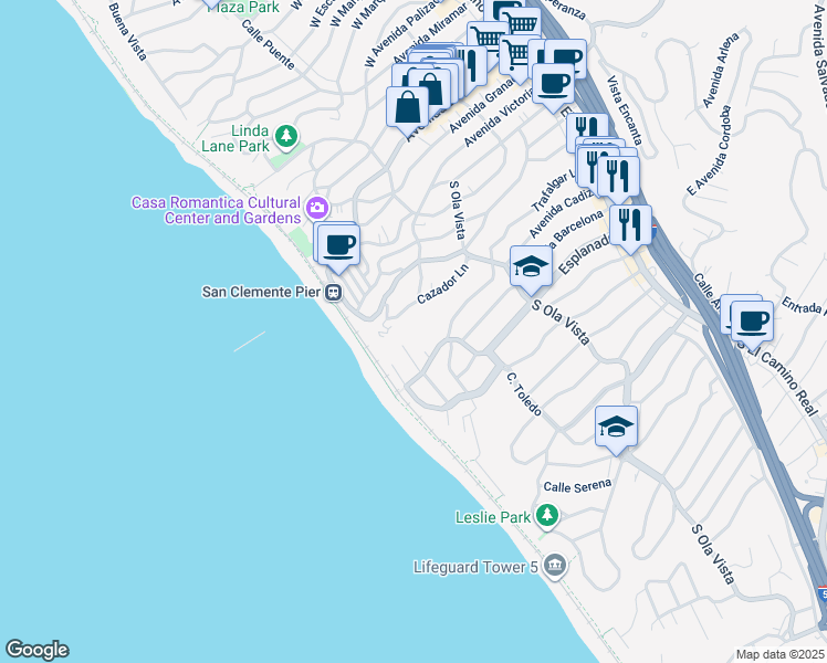 map of restaurants, bars, coffee shops, grocery stores, and more near 217 Vista Marina in San Clemente