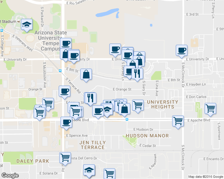 map of restaurants, bars, coffee shops, grocery stores, and more near 1150 East Orange Street in Tempe