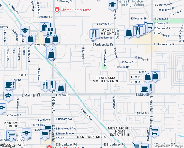 map of restaurants, bars, coffee shops, grocery stores, and more near 125 North 22nd Place in Mesa
