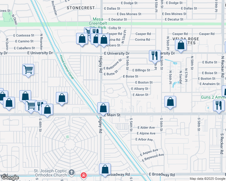 map of restaurants, bars, coffee shops, grocery stores, and more near E Casa De Paz in Mesa