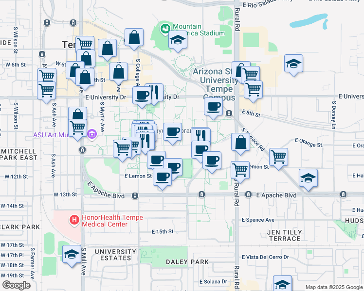 map of restaurants, bars, coffee shops, grocery stores, and more near 1290 South Normal Avenue in Tempe