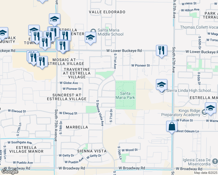 map of restaurants, bars, coffee shops, grocery stores, and more near 7124 West Pioneer Street in Phoenix