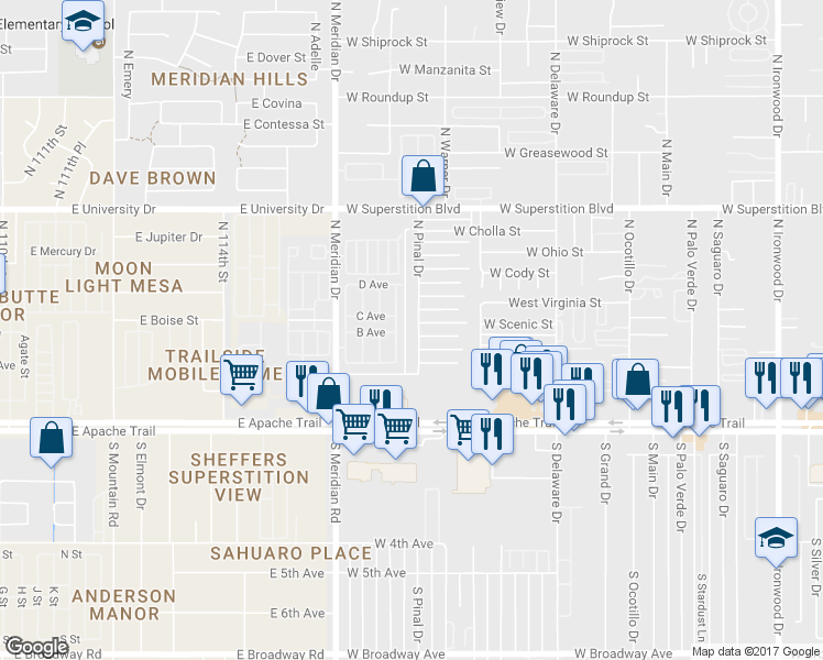 map of restaurants, bars, coffee shops, grocery stores, and more near 358 North Pinal Drive in Apache Junction