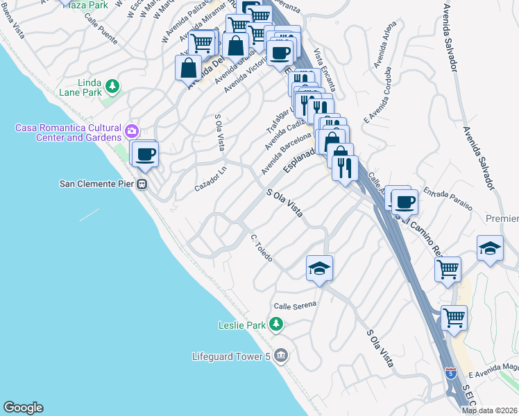 map of restaurants, bars, coffee shops, grocery stores, and more near 211 Esplanade in San Clemente