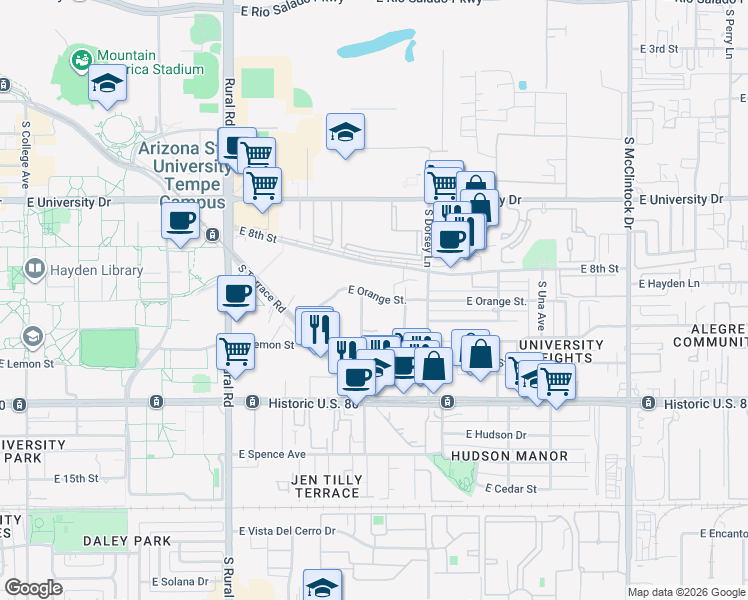 map of restaurants, bars, coffee shops, grocery stores, and more near 1150 East Orange Street in Tempe