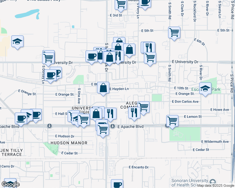 map of restaurants, bars, coffee shops, grocery stores, and more near 1826 East Randall Drive in Tempe