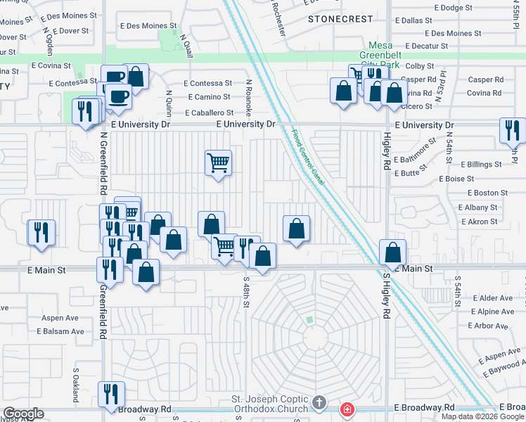 map of restaurants, bars, coffee shops, grocery stores, and more near 4860 East Main Street in Mesa