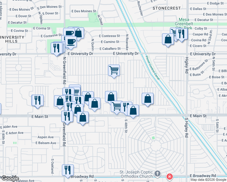 map of restaurants, bars, coffee shops, grocery stores, and more near Mobile Home Park in Mesa