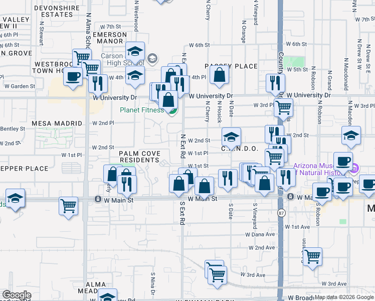 map of restaurants, bars, coffee shops, grocery stores, and more near 744 West 1st Place in Mesa