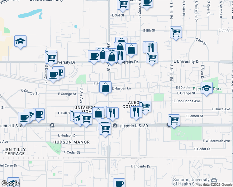 map of restaurants, bars, coffee shops, grocery stores, and more near 1826 East Randall Drive in Tempe