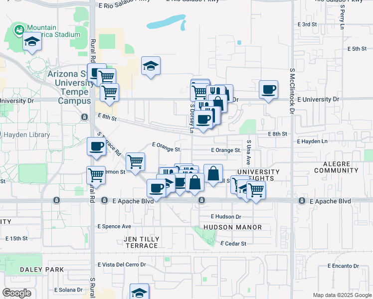 map of restaurants, bars, coffee shops, grocery stores, and more near 912 South Dorsey Lane in Tempe