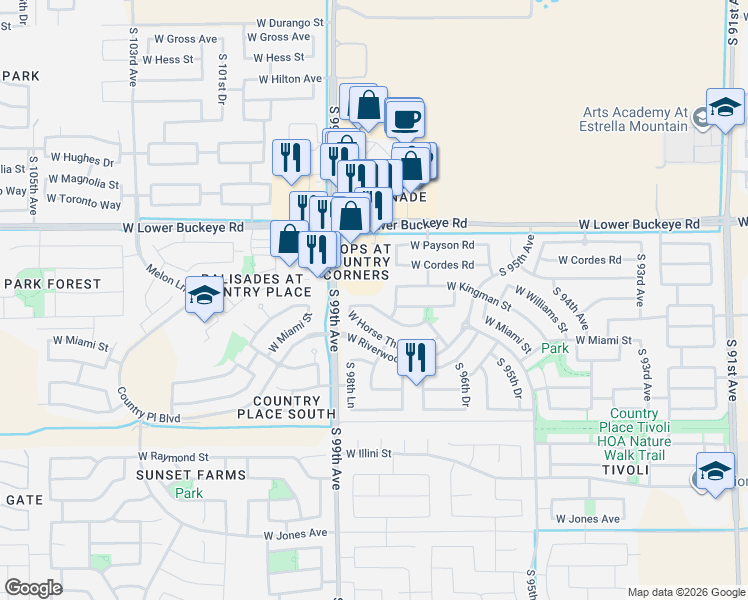 map of restaurants, bars, coffee shops, grocery stores, and more near 9820 West Crown King Road in Tolleson