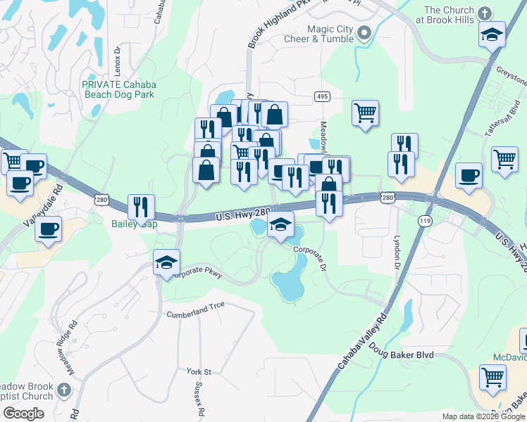 map of restaurants, bars, coffee shops, grocery stores, and more near 5243 Hwy 280 in Birmingham