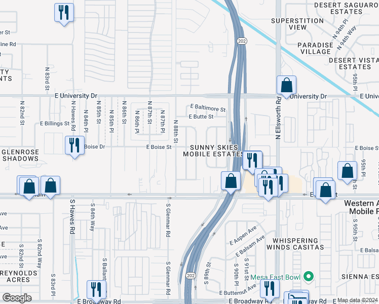 map of restaurants, bars, coffee shops, grocery stores, and more near 155 North 88th Place in Mesa