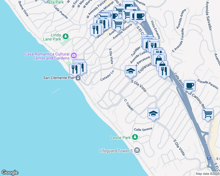 map of restaurants, bars, coffee shops, grocery stores, and more near 231 Trafalgar Lane in San Clemente