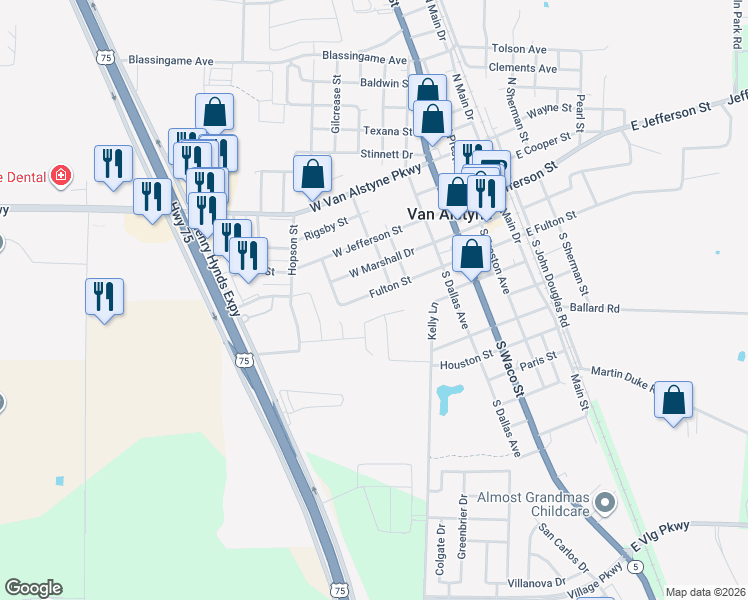 map of restaurants, bars, coffee shops, grocery stores, and more near 435 Fulton Street in Van Alstyne