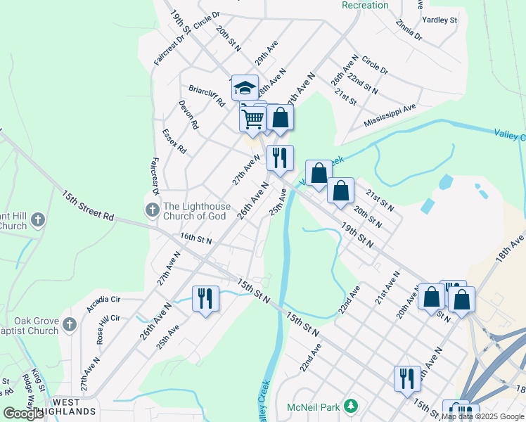 map of restaurants, bars, coffee shops, grocery stores, and more near 1720 25th Avenue in Hueytown