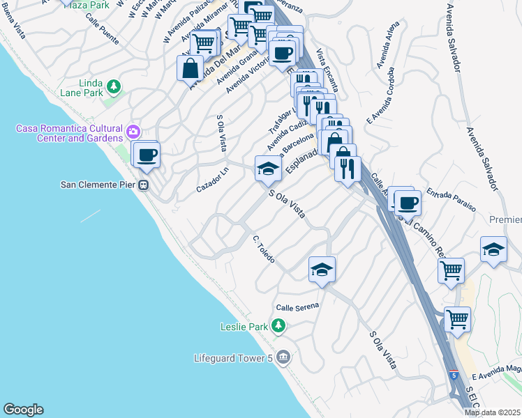 map of restaurants, bars, coffee shops, grocery stores, and more near 211 Esplanade in San Clemente