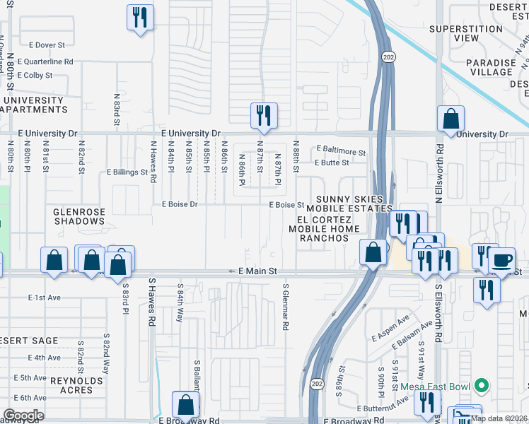 map of restaurants, bars, coffee shops, grocery stores, and more near 8707 East Boise Street in Mesa