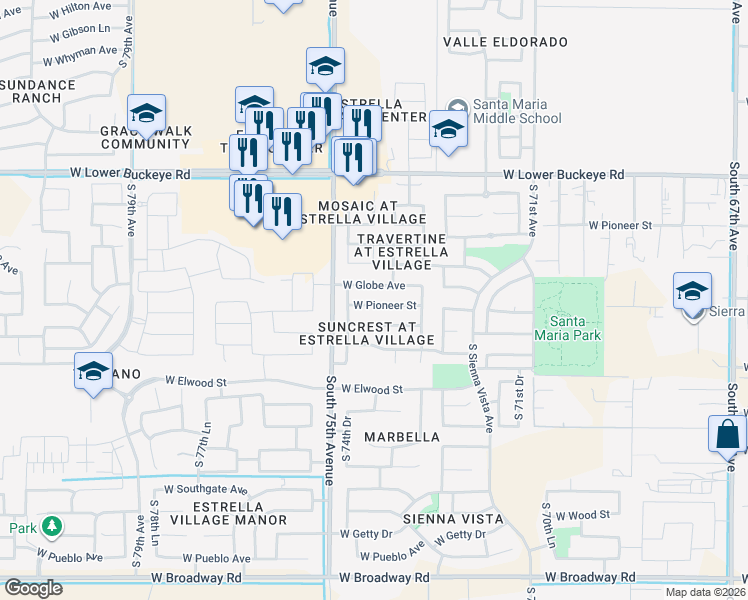 map of restaurants, bars, coffee shops, grocery stores, and more near 7412 West Pioneer Street in Phoenix