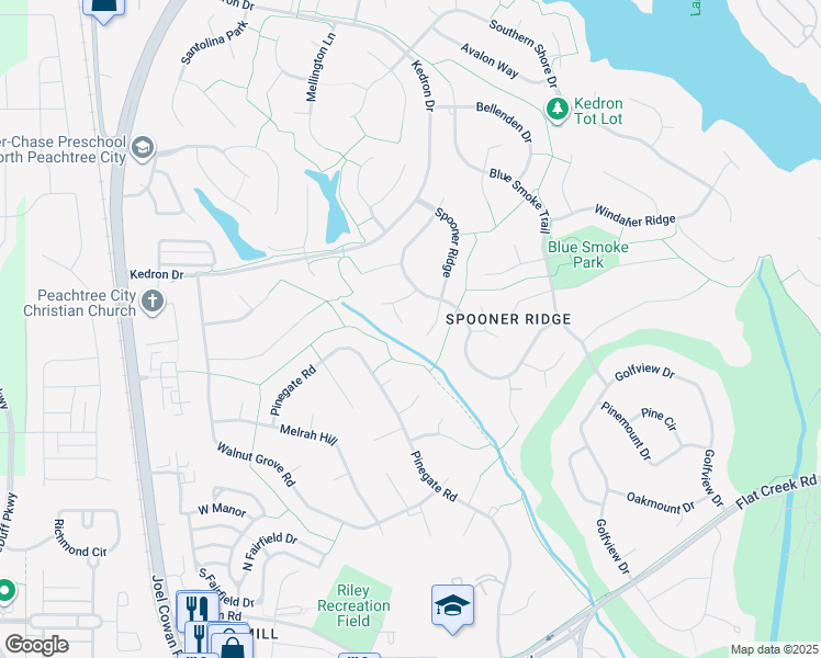 map of restaurants, bars, coffee shops, grocery stores, and more near 107 Adams Fall in Peachtree City