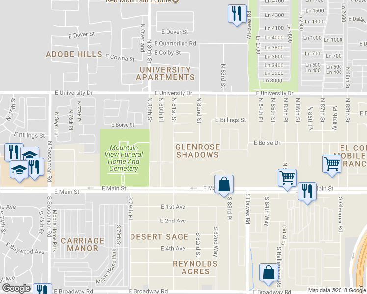 map of restaurants, bars, coffee shops, grocery stores, and more near 152 North 81st Place in Mesa