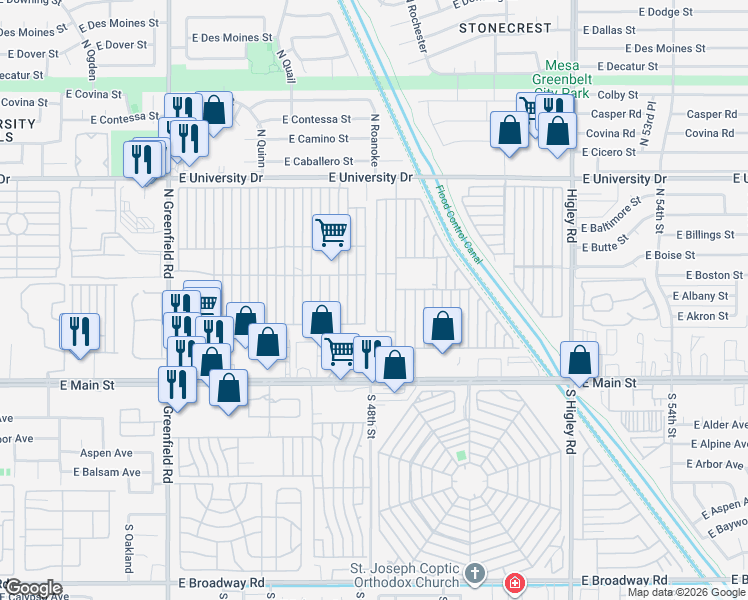 map of restaurants, bars, coffee shops, grocery stores, and more near Mobile Home Park in Mesa