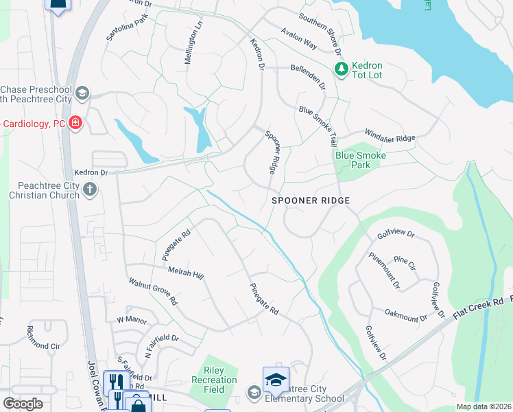 map of restaurants, bars, coffee shops, grocery stores, and more near 107 Adams Fall in Peachtree City