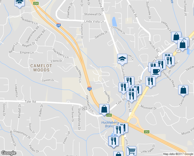 map of restaurants, bars, coffee shops, grocery stores, and more near 2638 Hackberry Road in Vestavia Hills