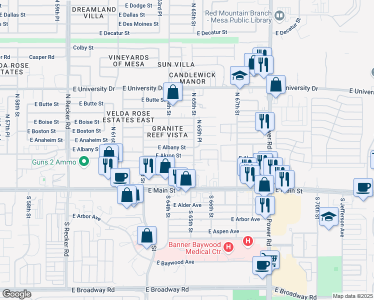 map of restaurants, bars, coffee shops, grocery stores, and more near 6449 East Albany Street in Mesa