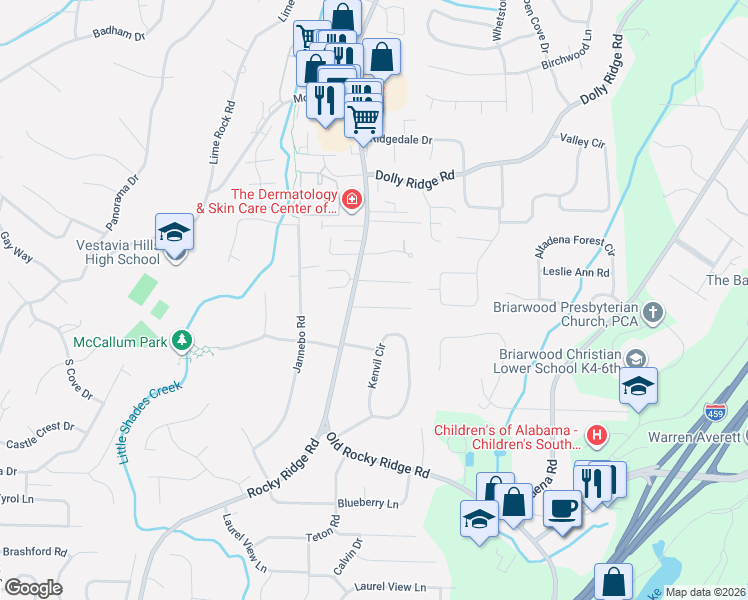 map of restaurants, bars, coffee shops, grocery stores, and more near 3409 Danner Cir in Vestavia Hills