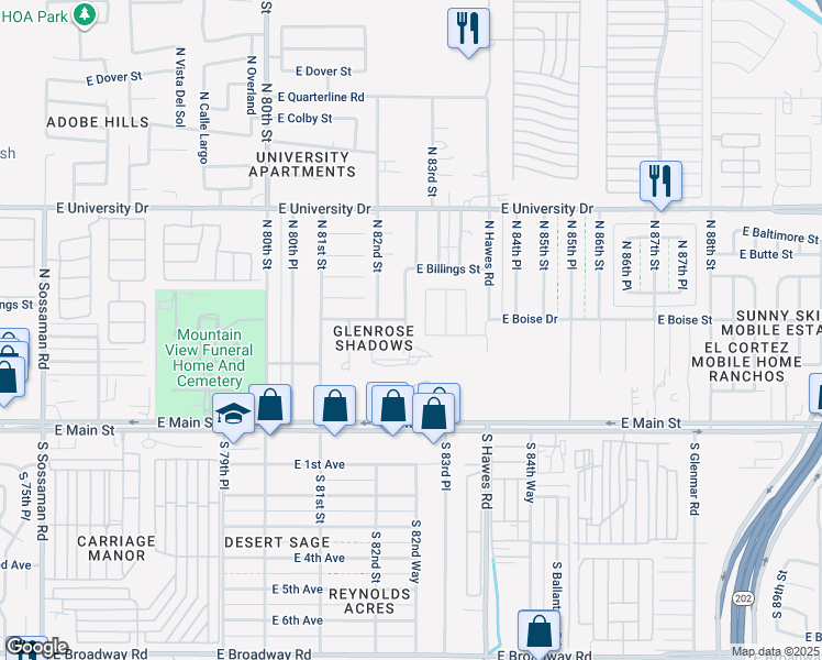 map of restaurants, bars, coffee shops, grocery stores, and more near 147 North 82nd Place in Mesa