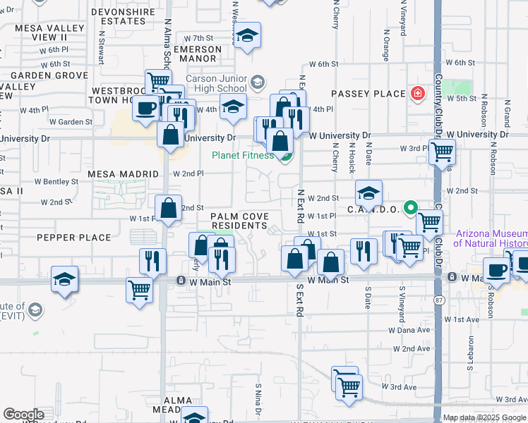 map of restaurants, bars, coffee shops, grocery stores, and more near Eperney Apartments in Mesa