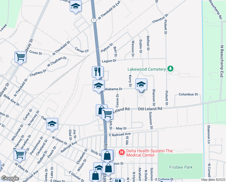 map of restaurants, bars, coffee shops, grocery stores, and more near 1621 Alabama Drive in Greenville
