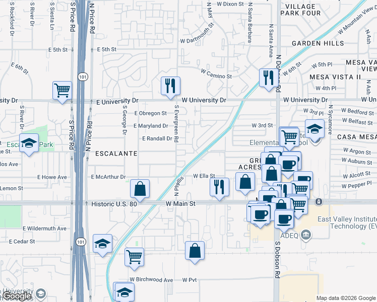 map of restaurants, bars, coffee shops, grocery stores, and more near 2632 East Orange Street in Tempe