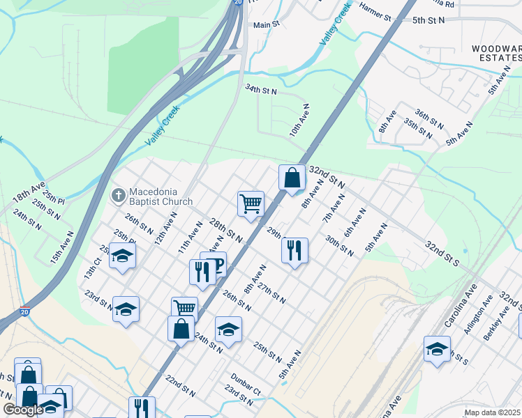 map of restaurants, bars, coffee shops, grocery stores, and more near 2914 9th Avenue North in Bessemer