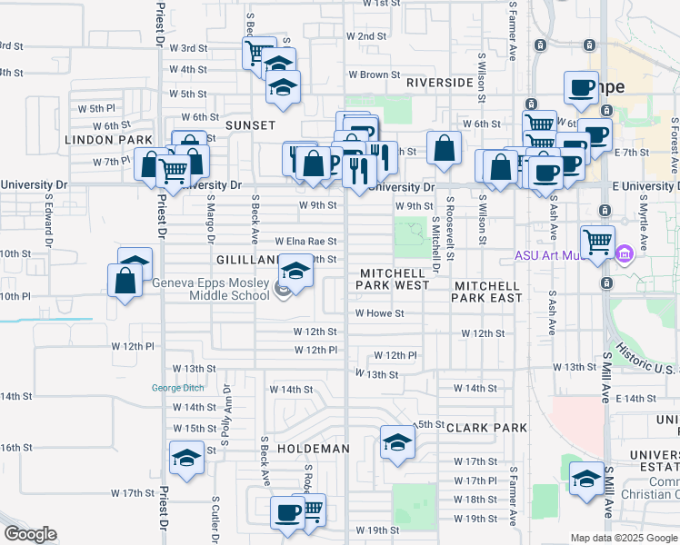 map of restaurants, bars, coffee shops, grocery stores, and more near 1002 West 10th Place in Tempe