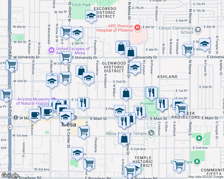 map of restaurants, bars, coffee shops, grocery stores, and more near 132 North Wilbur in Mesa