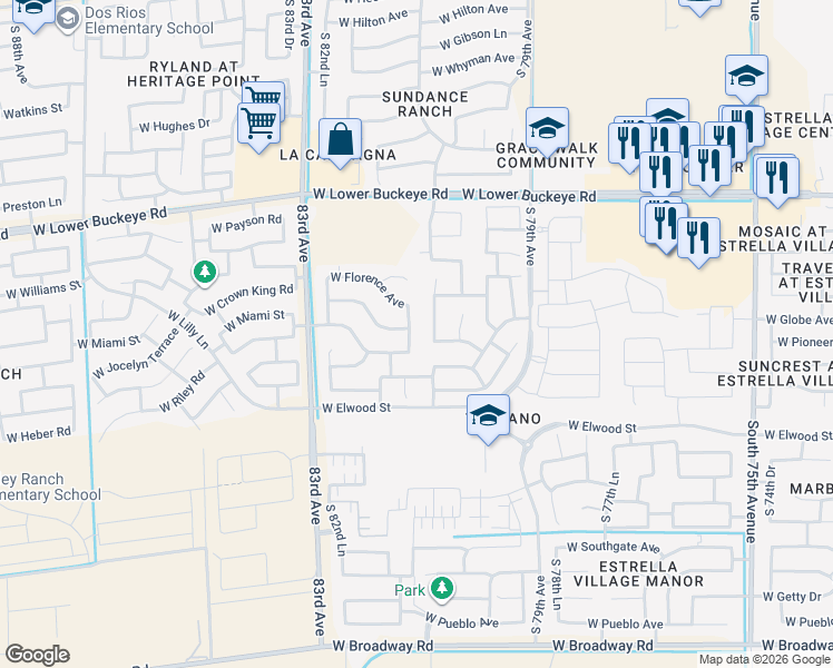 map of restaurants, bars, coffee shops, grocery stores, and more near 3307 South 81st Drive in Phoenix
