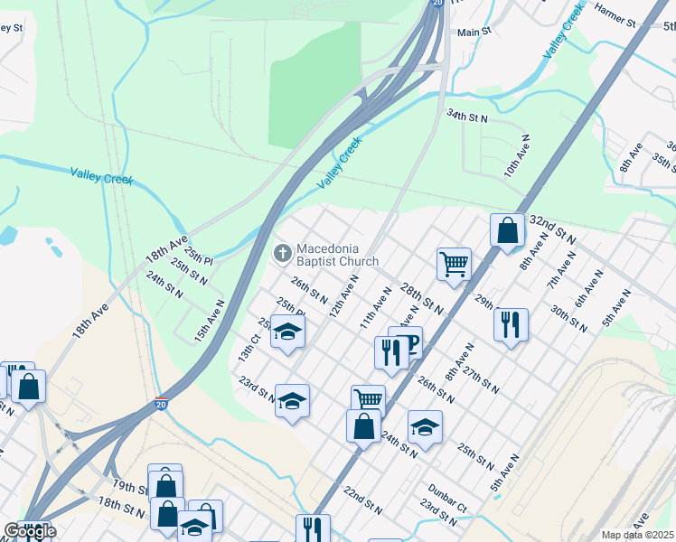 map of restaurants, bars, coffee shops, grocery stores, and more near 1215 27th St N in Bessemer