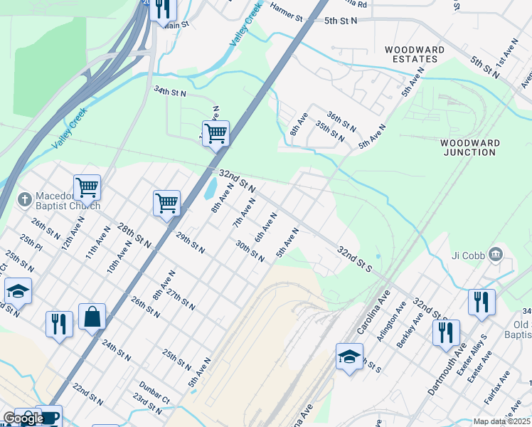 map of restaurants, bars, coffee shops, grocery stores, and more near 3124 6th Avenue North in Bessemer
