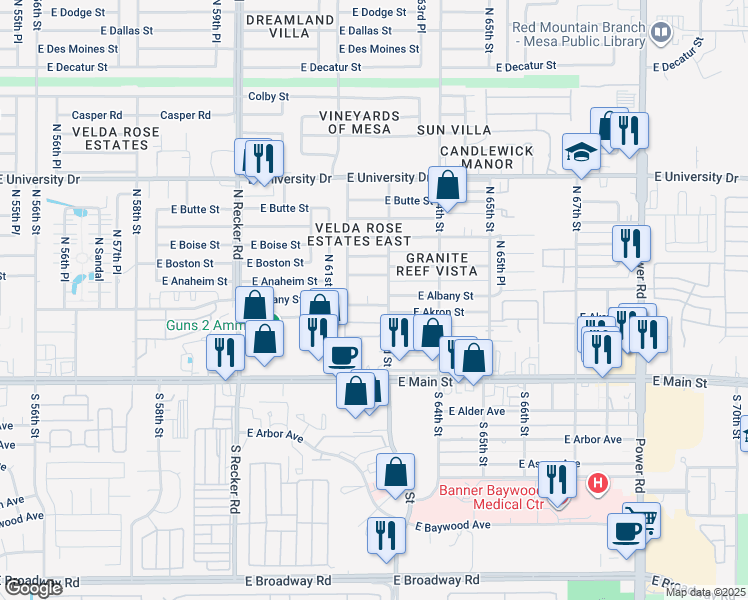 map of restaurants, bars, coffee shops, grocery stores, and more near 137 North 62nd Place in Mesa
