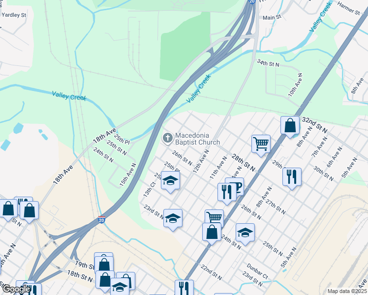 map of restaurants, bars, coffee shops, grocery stores, and more near 1304 27th Street North in Bessemer