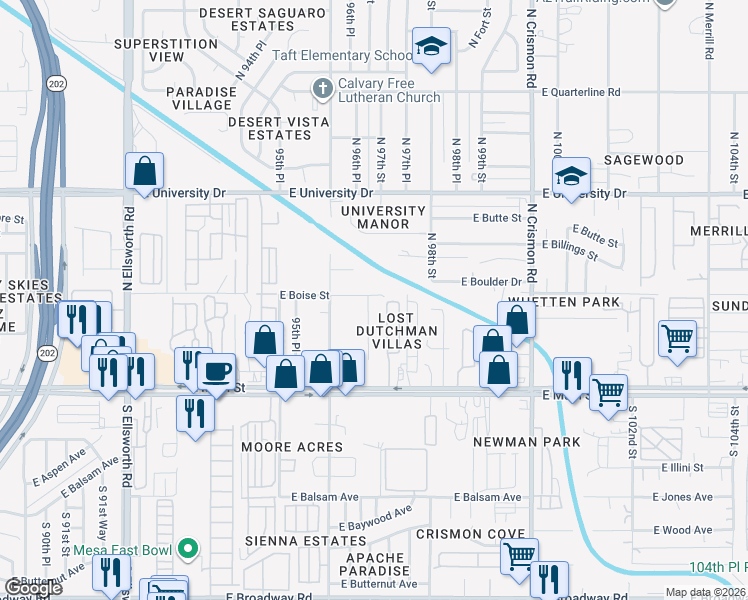 map of restaurants, bars, coffee shops, grocery stores, and more near 155 North 96th Way in Mesa