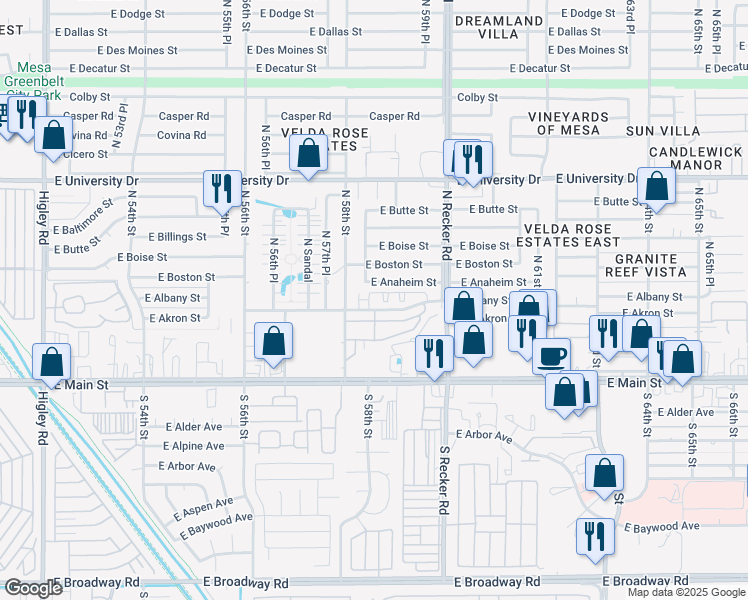map of restaurants, bars, coffee shops, grocery stores, and more near 5826 East Albany Street in Mesa